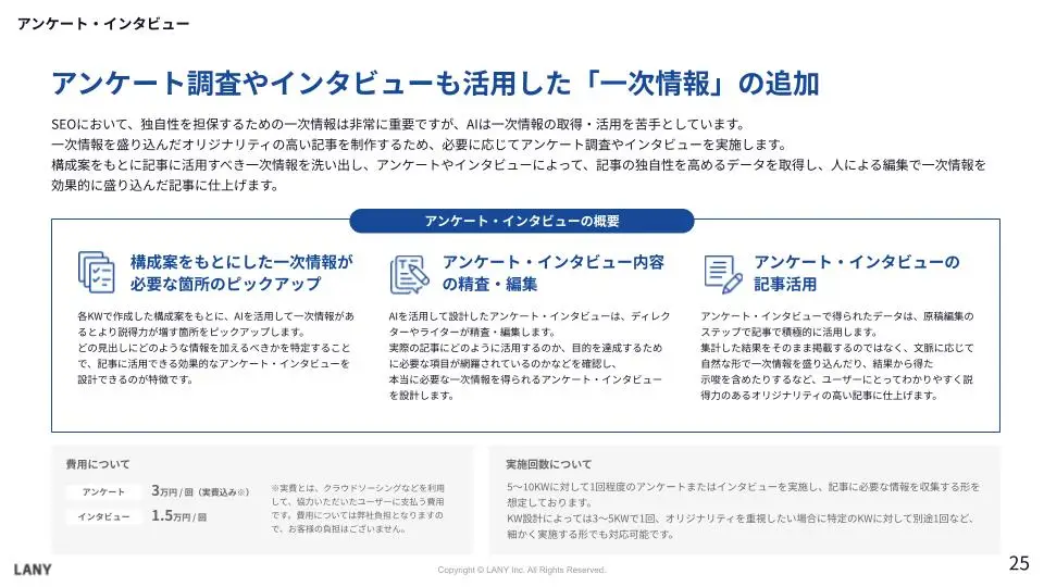 アンケート調査やインタビューも活用した「一次情報」の追加