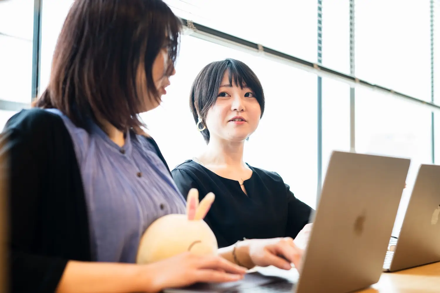 女性社員が肩を並べて働く様子