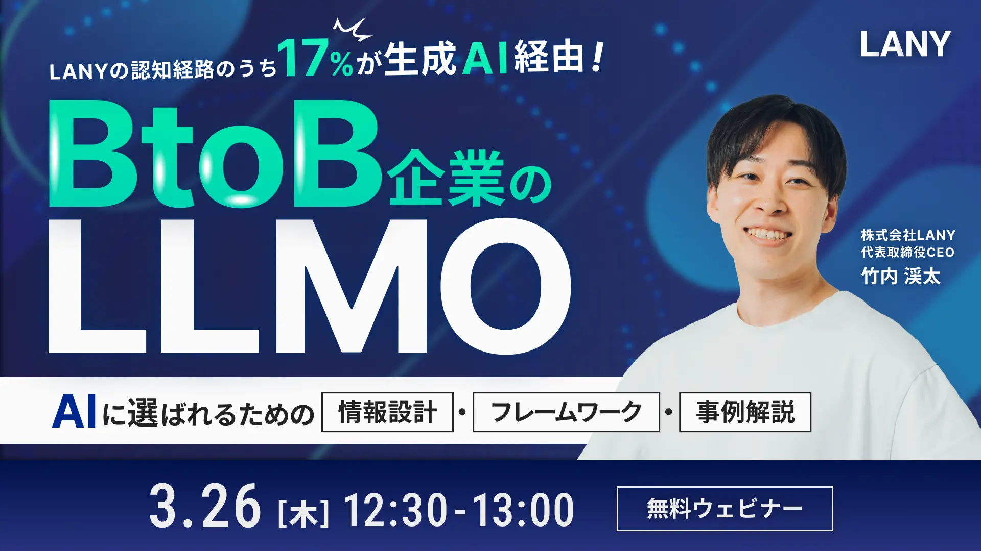 【無料ウェビナー】BtoB企業のLLMO ━ 17%が生成AI経由で認知！AIに選ばれるための『情報設計』『フレームワーク』『事例解説』